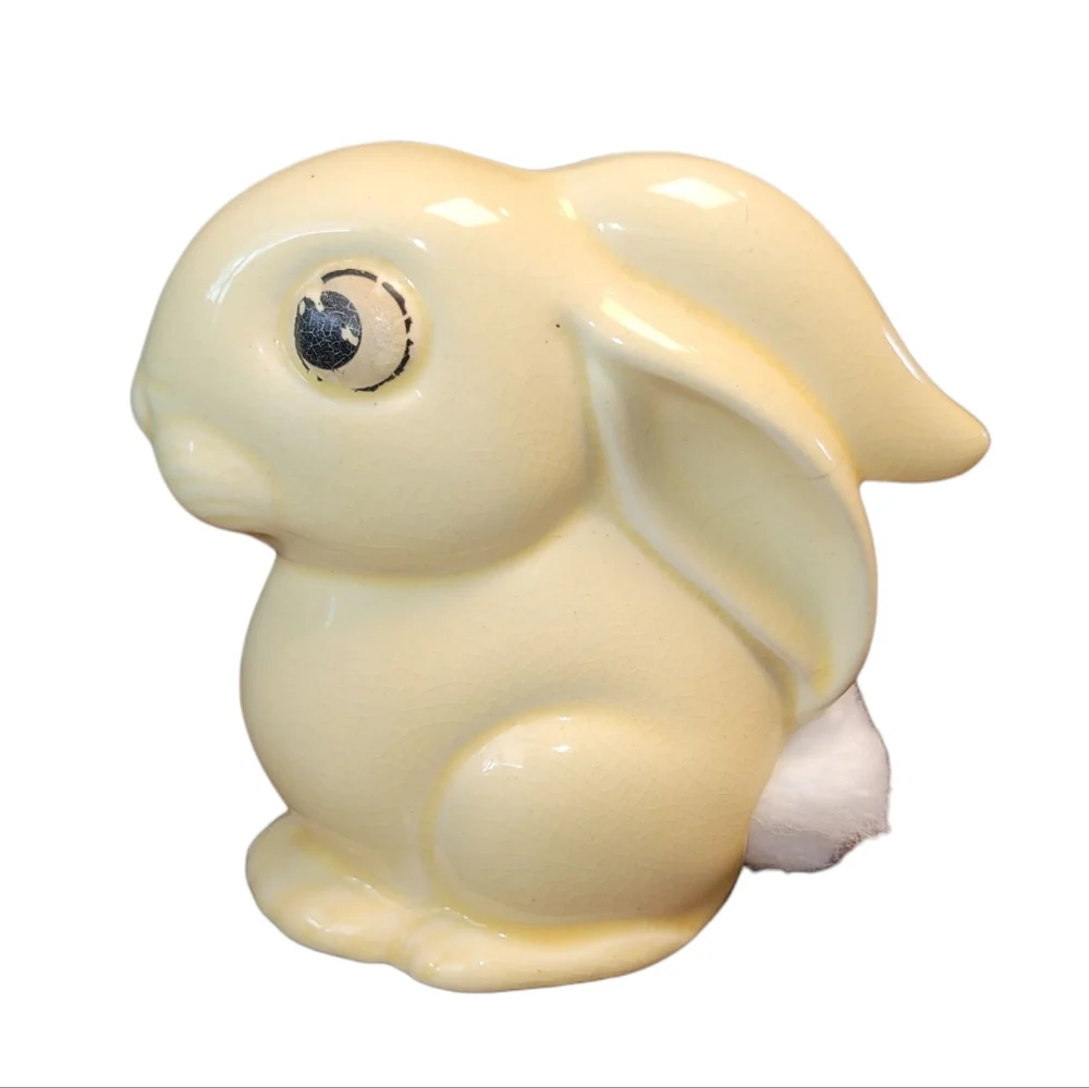 Charming Yellow Ceramic Bunny Figurine Cotton Ball Dispenser